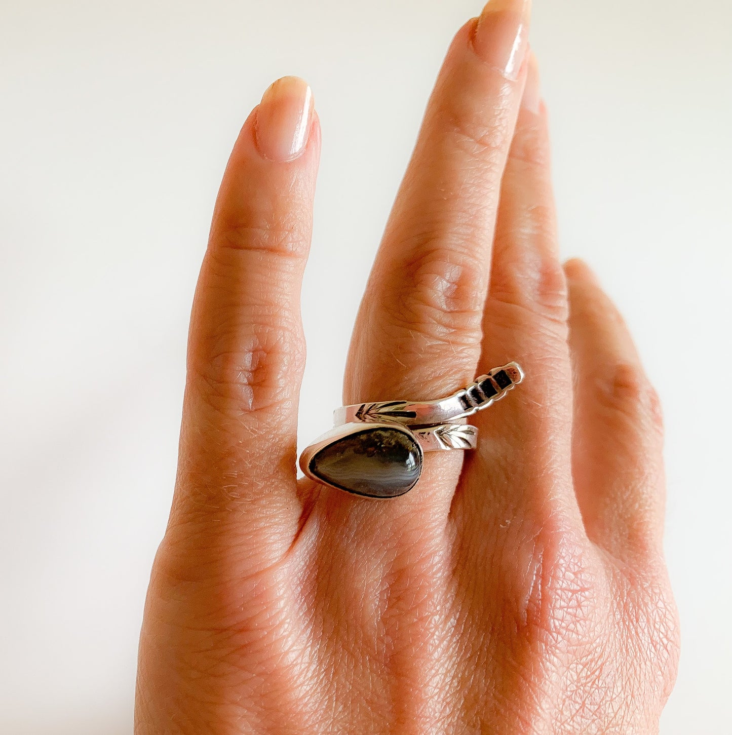Plume Agate Snake Ring