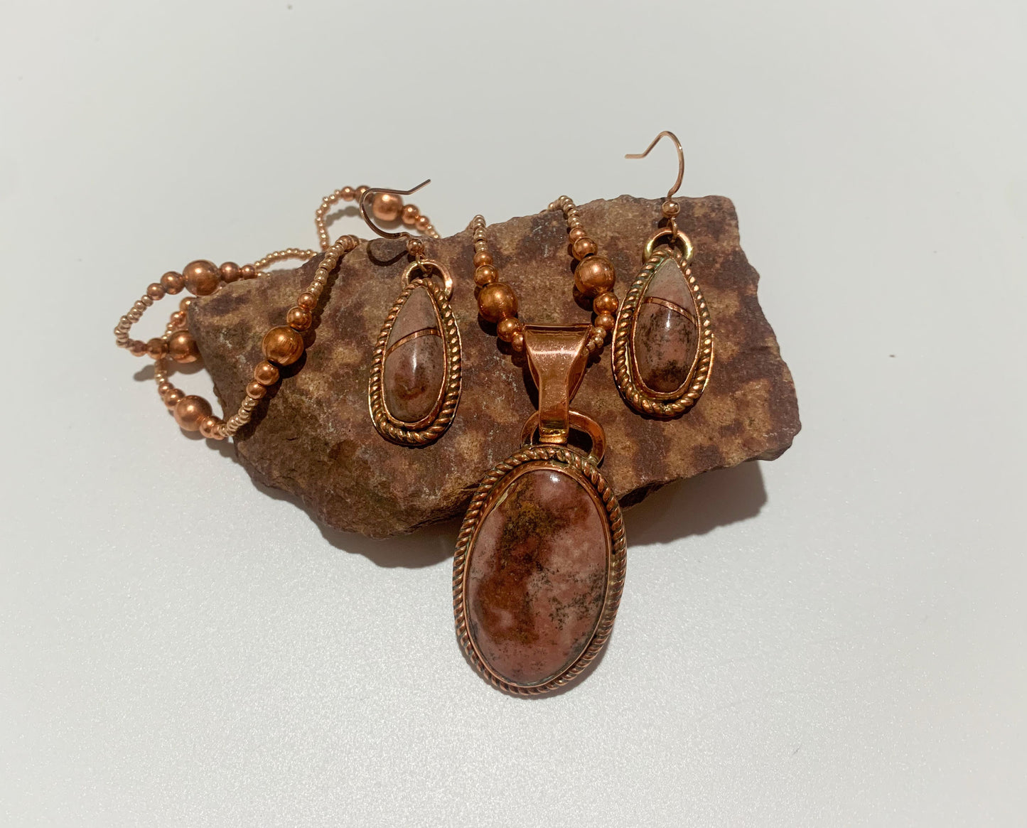 Pretty in Pink Dappled Stone Pendant & Earrings